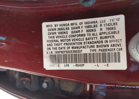 2012 Honda Civic Lx from USA, damaged, VIN 19XFB2F50CE390337